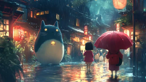 Childlike wanderers meet a glowing forest spirit in rainy alley