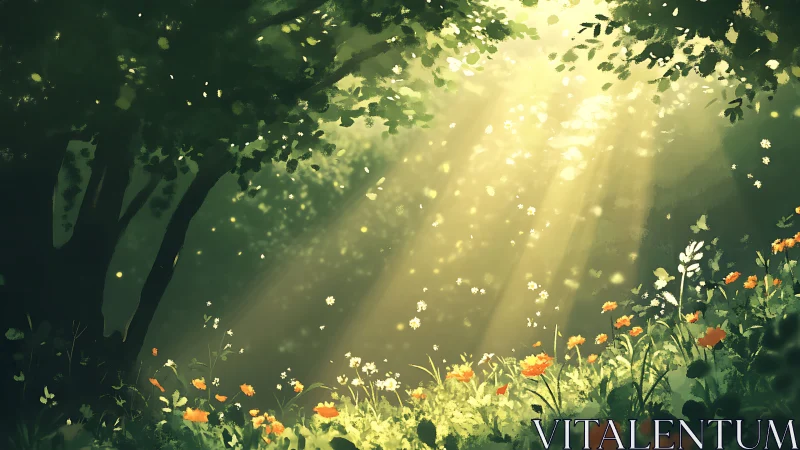 Sunlit forest glade quietly crowns wildflowers with gold