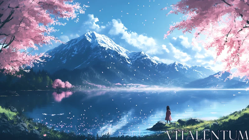 Cherry blossom shoreline under towering alpine peak.