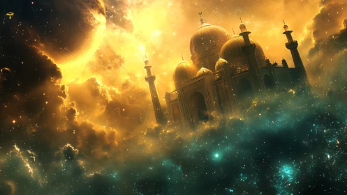 Celestial domed palace floats in golden nebula with eclipsed planet