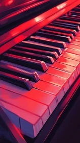 Chromatic close-up of piano keybed under neon reflections.