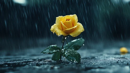Yellow rose macro in heavy rainfall on reflective asphalt