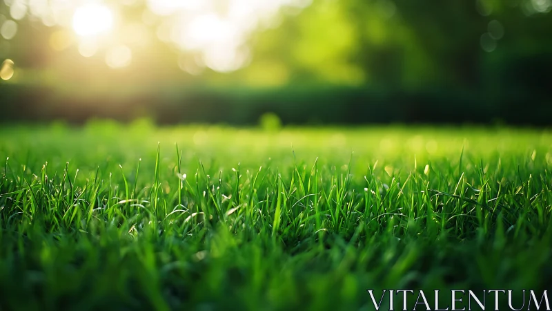 Vibrant green grass field in sunlight, soft focus nature photography.
