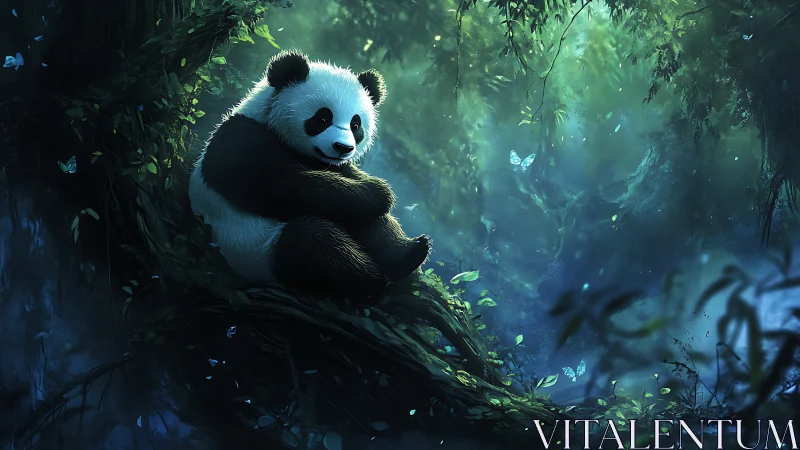 Dreamy forest panda cradled in moonlit emerald branches.