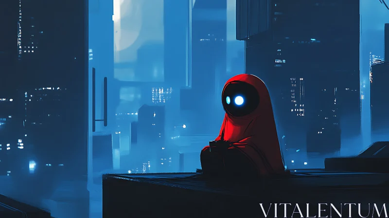 Red cloaked robot figure on rooftop in blue cityscape.