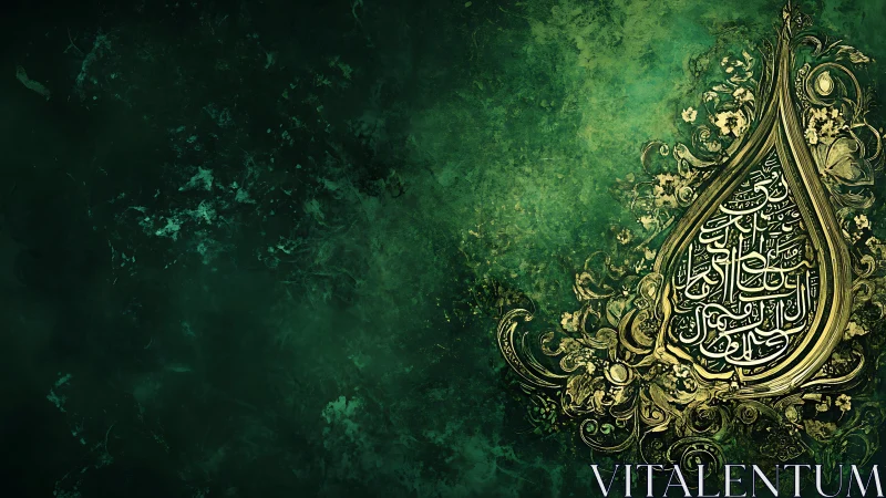 Arabic calligraphy occupies ornate teardrop frame on green field