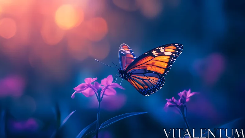 Monarch butterfly in twilight bokeh over magenta blossoms