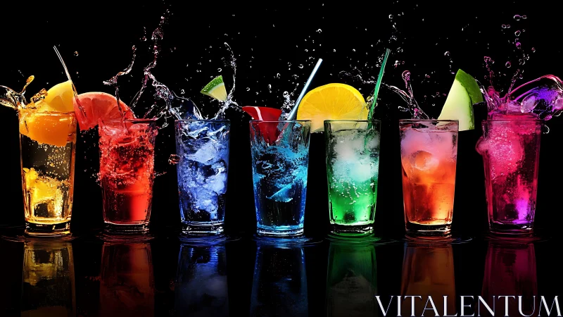Seven Vibrant Cocktails Captured Mid-Splash Against Black Background