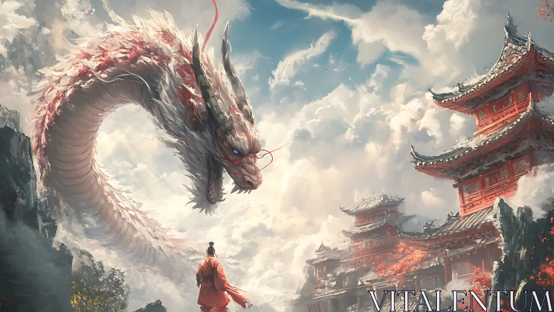 Skyborne dragon coils above crimson mountain temples in mist.