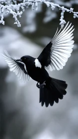 Black Magpie in Flight with Frost-Laden Branches.