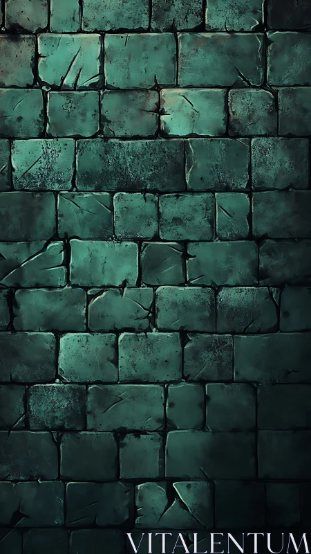 Vertical view shows worn green stone block wall texture