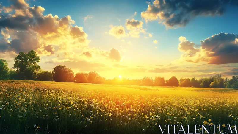 Golden sunlight gently pours across a peaceful wildflower field