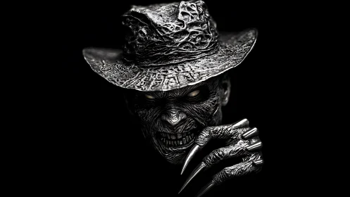 Sinister metallic figure with hat and claws occupies frame