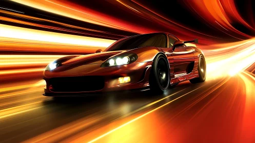 Sports car speeds through glowing orange light tunnel