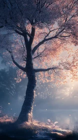 Cherry blossom tree glows in misty lakeside sunrise light.