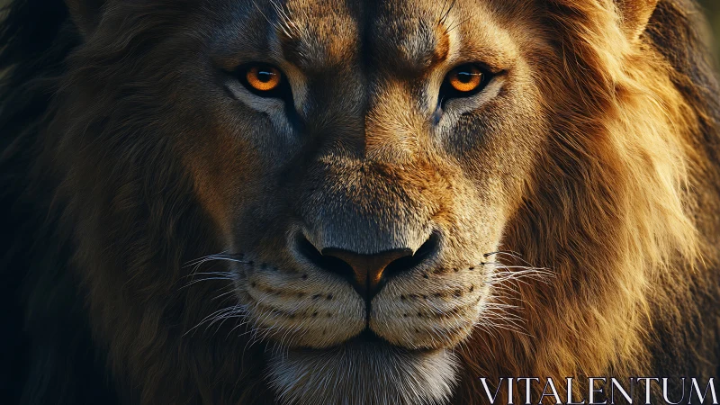 Sunlit lion king stares with ember-gold, unblinking eyes.