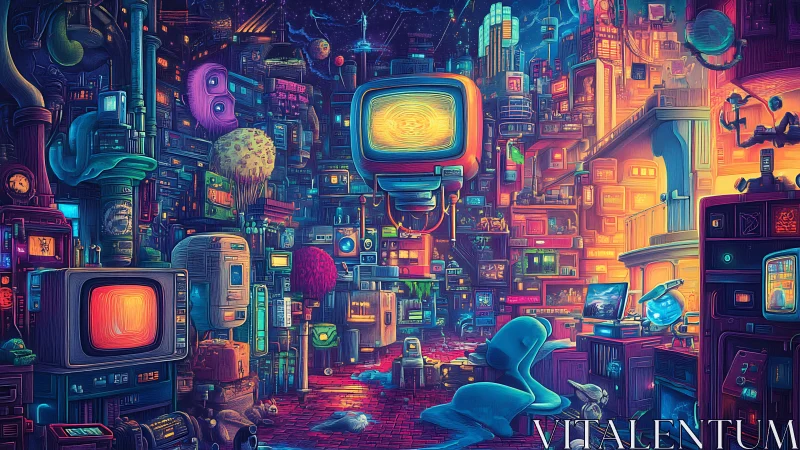 Retro-futuristic neon city of stacked CRT consoles and devices