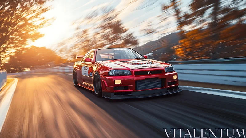 Red Nissan Skyline race car attacks glowing autumn circuit.