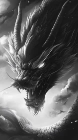 Storm-wreathed sky dragon roars above churning monochrome clouds.
