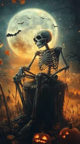Skeletal figure on stump under oversized moon with Halloween lighting