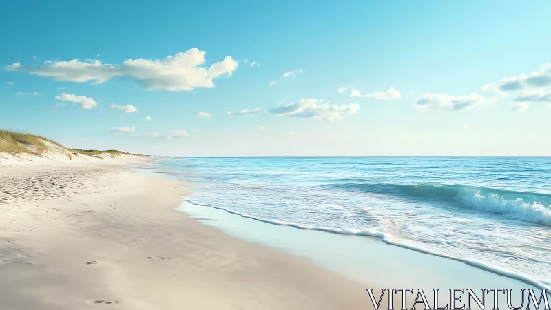 Quiet sandy shoreline under clear blue coastal sky.
