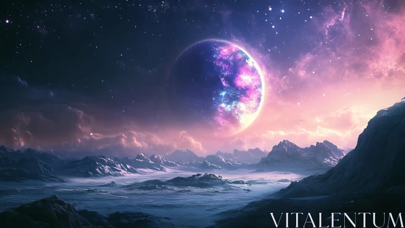 Starlit ice valley beneath a blooming nebula planet sky.