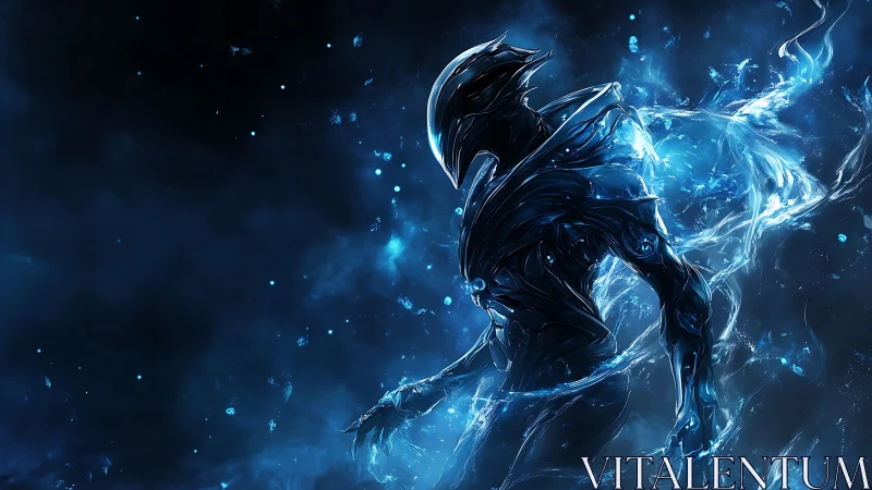 Luminescent cybernetic wraith emerging from fluidic nebula.