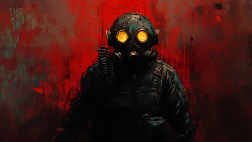 Figure in gas mask against abstract red backdrop.