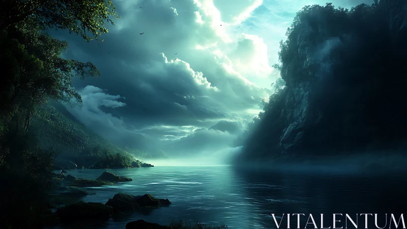 Dramatic alpine lake under storm-lit cumulonimbus sky glows