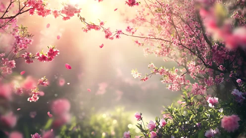 Flowering branches with pink blossoms against blurred background