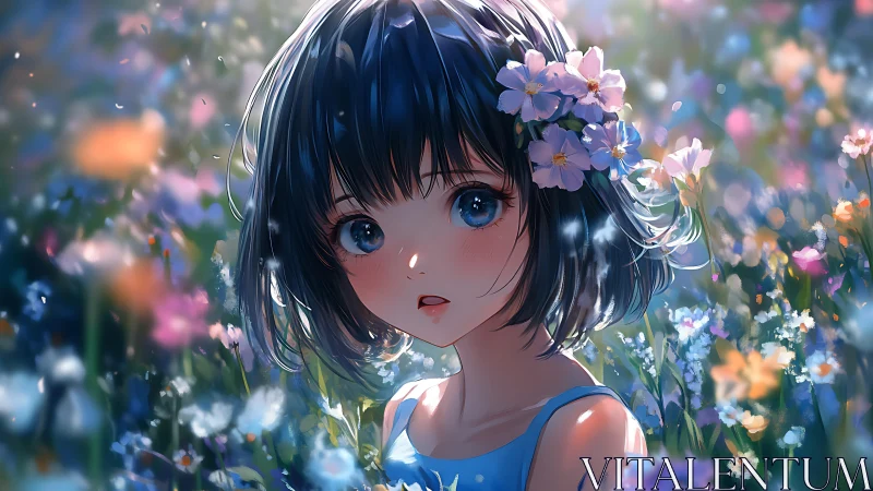 Anime girl with dark bob hair standing in flower field.