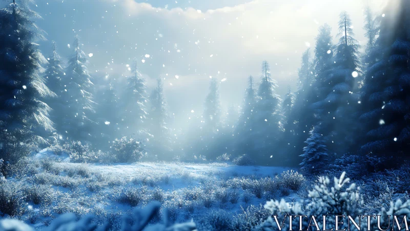 Winter Forest Scene with Bokeh Snowfall and Luminous Atmospheric Haze