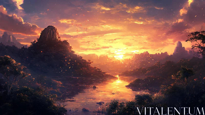 Volumetric sunset illuminates mountainous river valley with dense foliage
