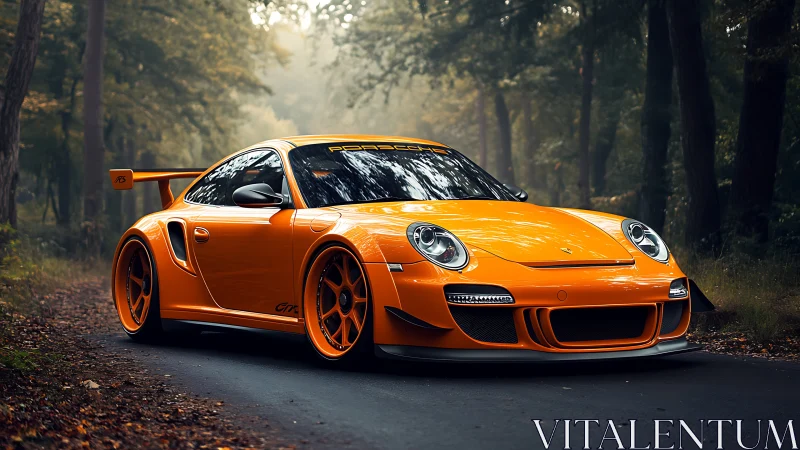 Sunburst Porsche pauses mid-forest sprint on a misty road
