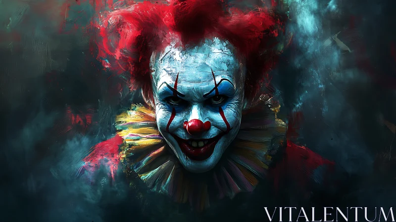 Close frontal view of sinister clown in dark environment.