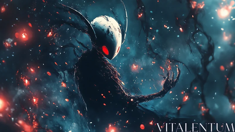 Voidborne wraith cradles red embers in stormlit cosmic dusk.