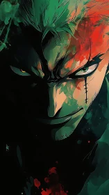 Fierce anime warrior bathed in bold red and green shadows.