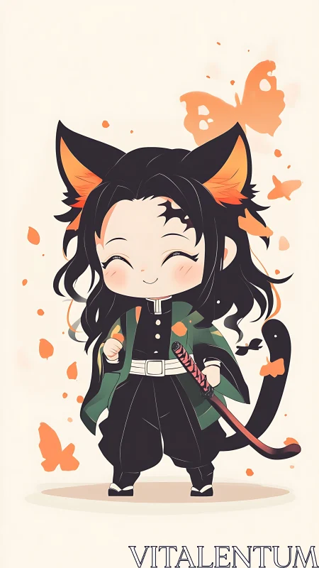 Cute chibi cat-eared swordsman with butterflies background.