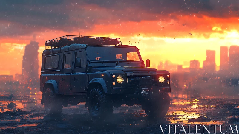 Off-road truck stands defiant in a stormy, burning city sunset