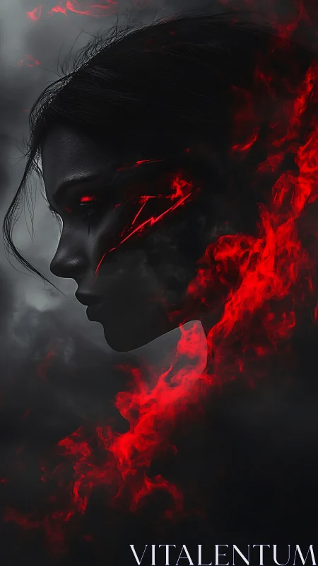 Dark sorceress profile wreathed in red infernal smoke.
