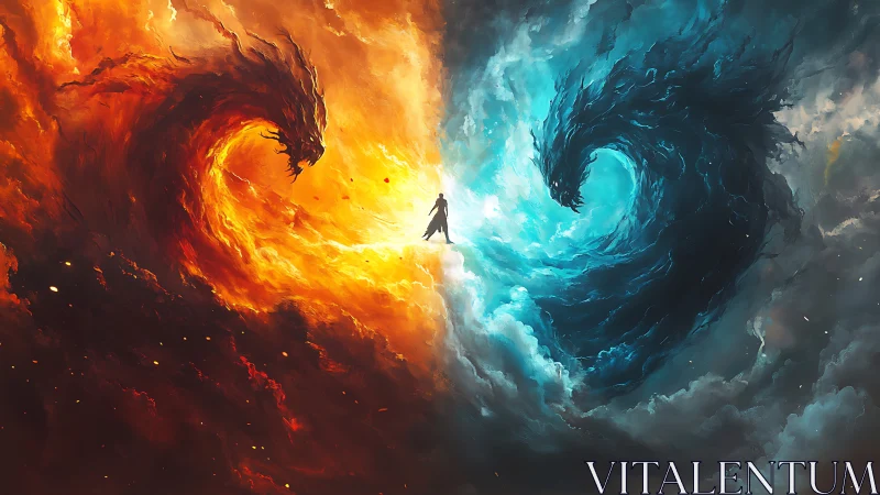 Lone wanderer between blazing fire and swirling ice dragons.