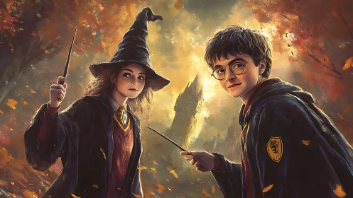 Young wizards spark autumn magic before glowing tower.