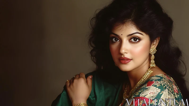 Elegant portrait captures poised woman in ornate sari