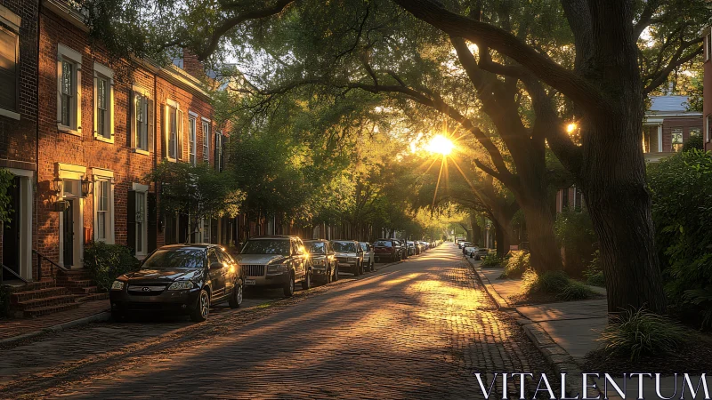 Sunlit cobblestone residential street with parked cars at dusk.