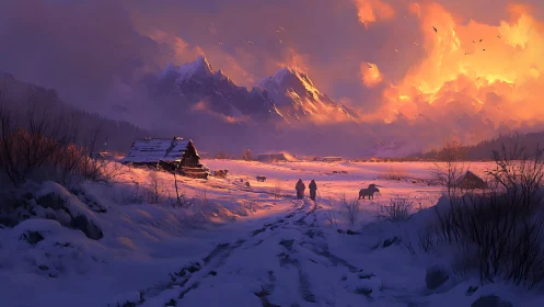 Snow-covered valley landscape shows cabins and distant travelers