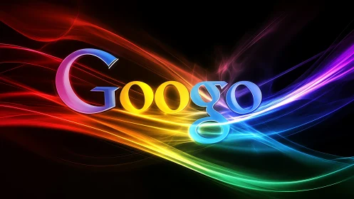 Vibrant rainbow light trails swirl around glossy text logo