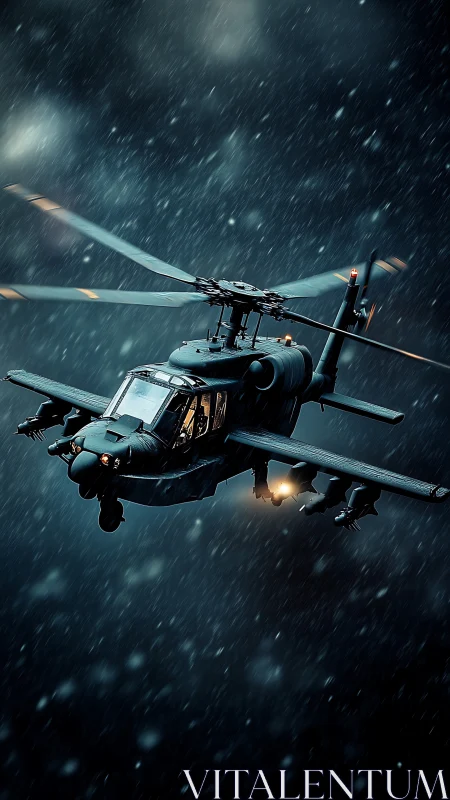 Storm-forged gunship knifes through ice-dark battlefield sky.