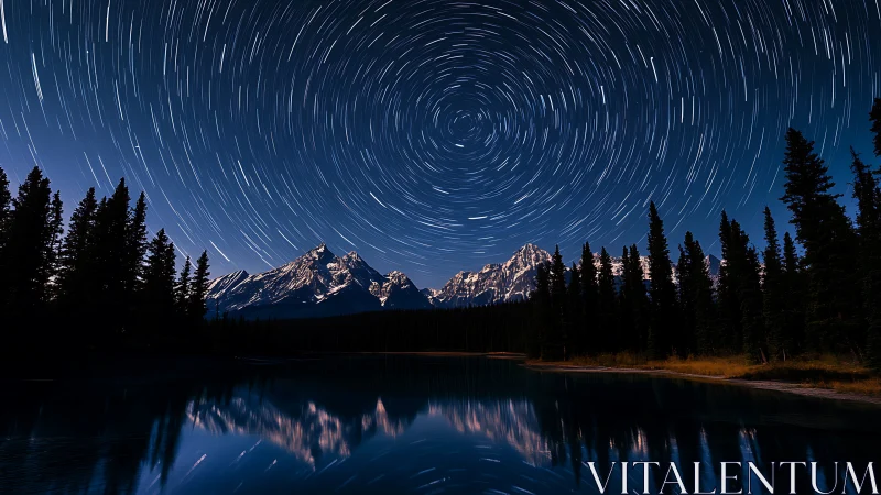 Mountain lake under circular star trails in deep night sky.