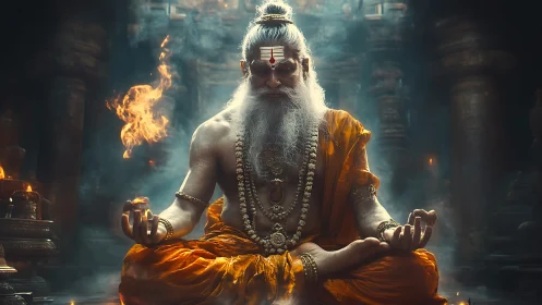 Ascetic fire yogi in temple chamber with volumetric light.