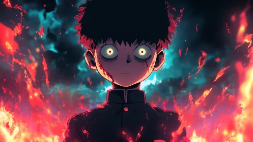 Psychic boy stands amid erupting flames and eerie light